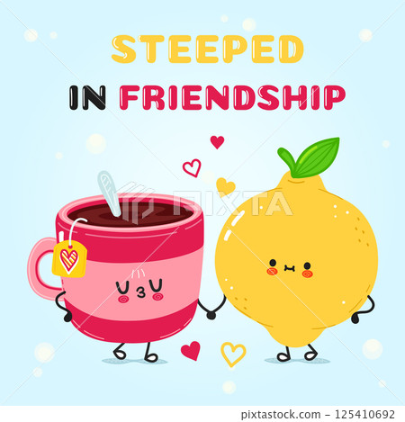 A heartwarming illustration of friendship depicted with a Tea Cup and a Lemon in embrace with hearts. A heartwarming illustration of friendship depicted with a Tea Cup and a Lemon in embrace with hearts. 125410692