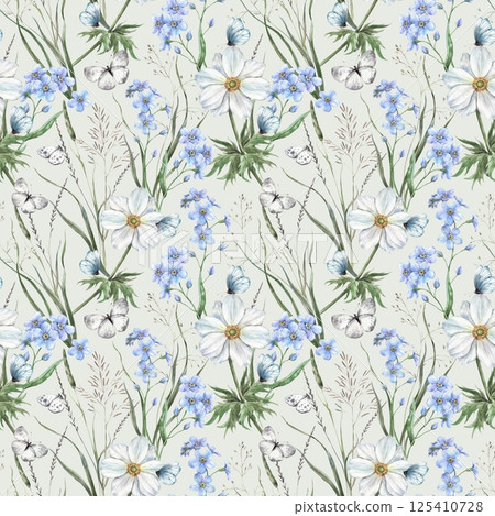 Wild flowers and grass, blue forget-me-nots, white anemones and butterflies. Watercolor botanical seamless pattern on green background. For branding and packaging, flower shops, weddings, eco-products Wild flowers and grass, blue forget-me-nots, white anemones and butterflies. Watercolor botanical seamless pattern on green background. For branding and packaging, flower shops, weddings, eco-products 125410728