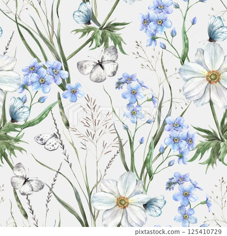 Wild flowers and grass, blue forget-me-nots, white anemones and butterflies. Watercolor botanical seamless pattern on grey background. For branding and packaging, flower shops, weddings, eco-products. Wild flowers and grass, blue forget-me-nots, white anemones and butterflies. Watercolor botanical seamless pattern on grey background. For branding and packaging, flower shops, weddings, eco-products. 125410729