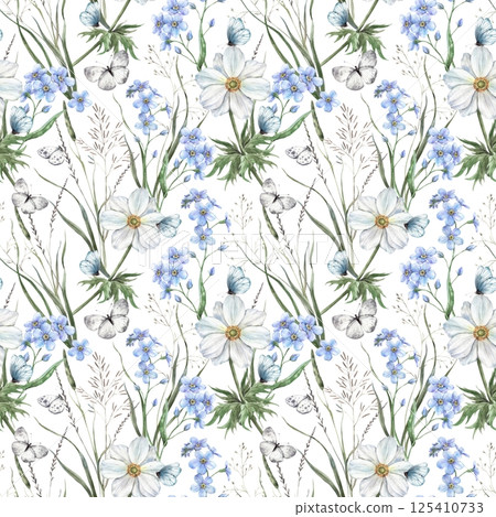 Wild flowers and grass, blue forget-me-nots, white anemones and butterflies. Watercolor botanical seamless pattern on white background. For branding and packaging, flower shops, weddings, eco-products Wild flowers and grass, blue forget-me-nots, white anemones and butterflies. Watercolor botanical seamless pattern on white background. For branding and packaging, flower shops, weddings, eco-products 125410733