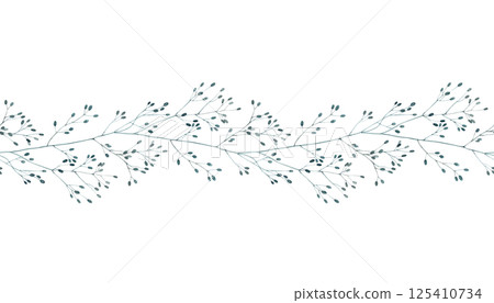 Field and dry grass blades in blue. Spring botanical watercolor seamless border on isolated background, suitable for eco branding, packaging, wedding design, cards, banners, flower shops. Field and dry grass blades in blue. Spring botanical watercolor seamless border on isolated background, suitable for eco branding, packaging, wedding design, cards, banners, flower shops. 125410734