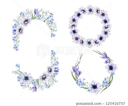 Blue forget-me-nots, white and purple crocuses, anemones, green and dry grass blades. Watercolor set of oval frame and round wreaths, for wedding invitations, greeting cards, branding, packaging. 125410737