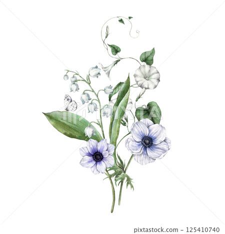 Purple anemones, white lilies, green leaves, morning glory and butterfly. Watercolor botanical bouquet suitable for greeting cards, wedding invitations, branding, packaging and spring designs. Purple anemones, white lilies, green leaves, morning glory and butterfly. Watercolor botanical bouquet suitable for greeting cards, wedding invitations, branding, packaging and spring designs. 125410740