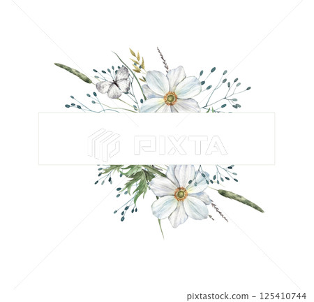 Delicate white anemones, wild herbs and dried plants, grey butterfly. Watercolor frame with light rectangular outline, suitable for wedding invitations, greeting cards, branding, floral packaging. Delicate white anemones, wild herbs and dried plants, grey butterfly. Watercolor frame with light rectangular outline, suitable for wedding invitations, greeting cards, branding, floral packaging. 125410744