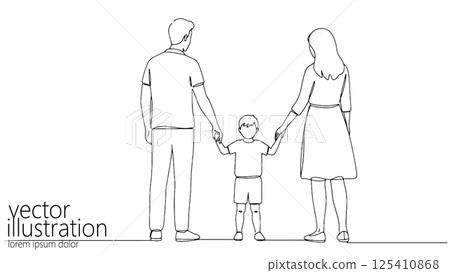 Family holds hands line drawing. Parent and child illustration walking together. Parenting blogs family therapy and children's books. Minimalist style, continuous line white background 125410868