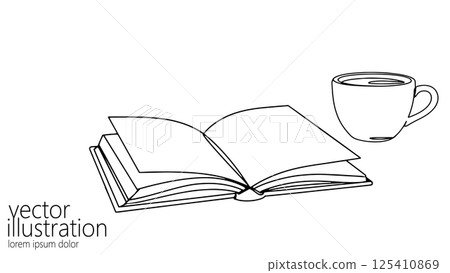 Open book with cup of coffee illustration. Pages are spread showing reading process. Education literature,or morning routines. Simple line art, top view, white background 125410869