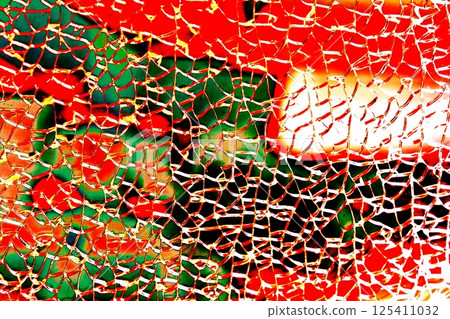 Broken tempered glass. Glass web of cracks. Changed color scheme. Colorful background. 125411032