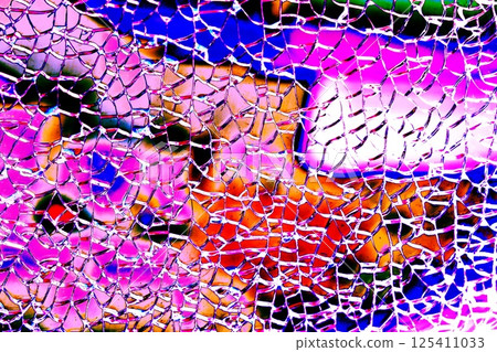 Broken tempered glass. Glass web of cracks. Changed color scheme. Colorful background. 125411033