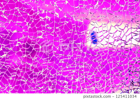 Broken tempered glass. Glass web of cracks. Changed color scheme. Colorful background. Broken tempered glass. Glass web of cracks. Changed color scheme. Colorful background. 125411034