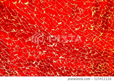 Broken tempered glass. Glass web of cracks. Changed color scheme. Colorful background. 125411128