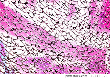 Broken tempered glass. Glass web of cracks. Changed color scheme. Colorful background. 125411129
