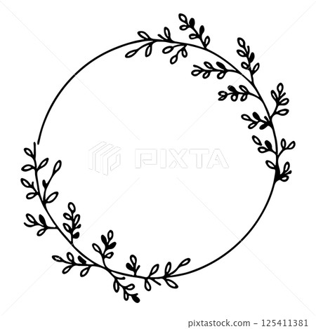 A romantic floral wreath featuring delicate hand-drawn flowers and curved branches forming a graceful circular frame. A romantic floral wreath featuring delicate hand-drawn flowers and curved branches forming a graceful circular frame. 125411381