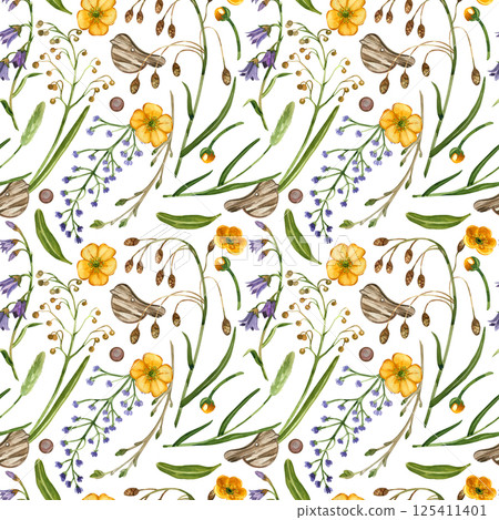 Seamless watercolor pattern. Spring meadow flowers, purple bells, buttercups, timothy grass, green leaves, bird figure. Suitable for printing on fabric, paper, for stationery. 125411401
