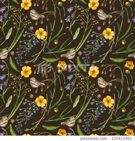 Seamless watercolor pattern of meadow flowers, bellflower, buttercup, timothy grass, green leaves and young branches with buds. All objects are hand-drawn with watercolor. For printing on fabric. Seamless watercolor pattern of meadow flowers, bellflower, buttercup, timothy grass, green leaves and young branches with buds. All objects are hand-drawn with watercolor. For printing on fabric. 125411402