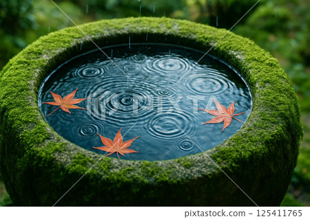 The tranquility of raindrops falling on a mossy stone bowl and floating maple leaves The tranquility of raindrops falling on a mossy stone bowl and floating maple leaves 125411765