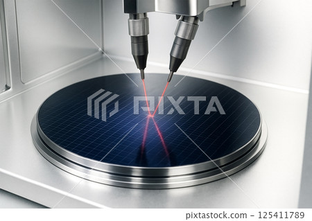 Laser measuring equipment inspecting black wafers and a silver environment 125411789