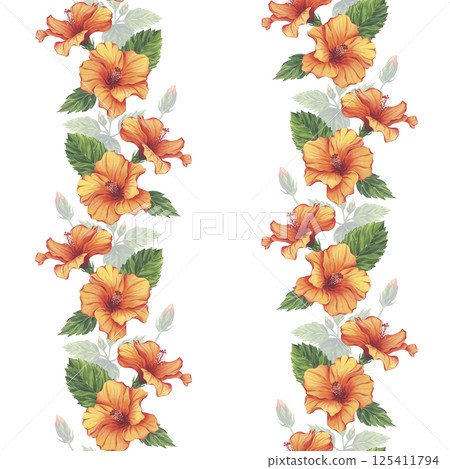 Orange hibiscus seamless watercolor pattern with lush green leaves. Hand-drawn border with vibrant flowers and rich green foliage. The illustration is ideal for textile, wallpaper, kitchen decor Orange hibiscus seamless watercolor pattern with lush green leaves. Hand-drawn border with vibrant flowers and rich green foliage. The illustration is ideal for textile, wallpaper, kitchen decor 125411794