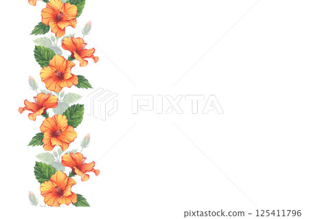 Watercolor orange hibiscus floral border for invitations and cards. Delicate tropical yellow flower decoration with lush foliage. Perfect for event stationery, printable templates 125411796