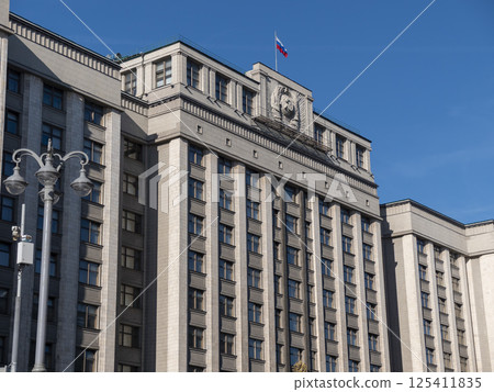 MOSCOW - JUNE 15, 2024: Facade of the State Duma, Parliament building of Russian Federation, landmark in central Moscow MOSCOW - JUNE 15, 2024: Facade of the State Duma, Parliament building of Russian Federation, landmark in central Moscow 125411835