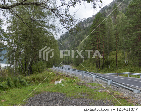 Cinematic landscape the road leaving for the mountains in the early morning 125411877