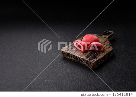 Delicious sweet mochi in the shape of red hearts Delicious sweet mochi in the shape of red hearts 125411914