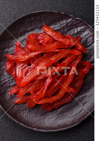 Dried chicken slices, jerky, with cherry or plum flavor, salt and spices 125412115