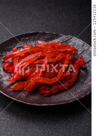 Dried chicken slices, jerky, with cherry or plum flavor, salt and spices Dried chicken slices, jerky, with cherry or plum flavor, salt and spices 125412116