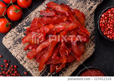 Dried chicken slices, jerky, with cherry or plum flavor, salt and spices 125412128