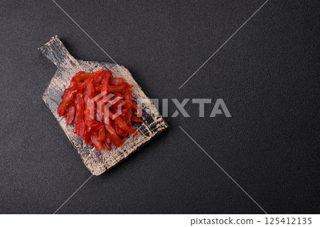 Dried chicken slices, jerky, with cherry or plum flavor, salt and spices Dried chicken slices, jerky, with cherry or plum flavor, salt and spices 125412135