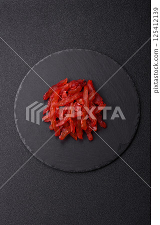 Dried chicken slices, jerky, with cherry or plum flavor, salt and spices Dried chicken slices, jerky, with cherry or plum flavor, salt and spices 125412139