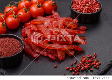 Dried chicken slices, jerky, with cherry or plum flavor, salt and spices Dried chicken slices, jerky, with cherry or plum flavor, salt and spices 125412145