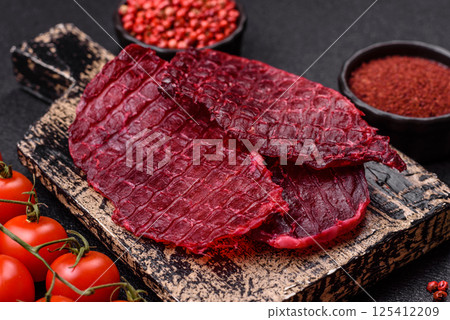 Dried beef slices, jerky, with cherry or plum flavor, salt and spices Dried beef slices, jerky, with cherry or plum flavor, salt and spices 125412209