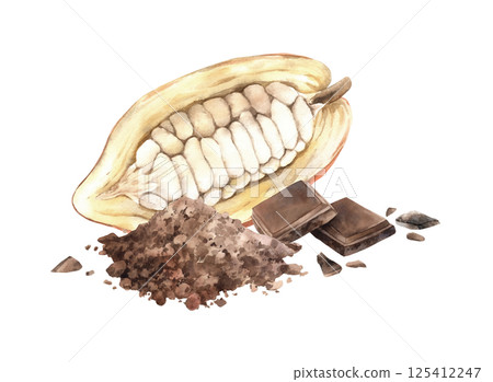 Cocoa bean cut in half, a mound of cocoa powder and chocolate pieces. Watercolor tasty illustration, suitable for chocolate branding, packaging design, product labels, menus, invitations and prints. Cocoa bean cut in half, a mound of cocoa powder and chocolate pieces. Watercolor tasty illustration, suitable for chocolate branding, packaging design, product labels, menus, invitations and prints. 125412247