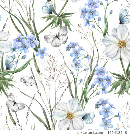 Green grass, wild flowers, blue forget-me-nots, white anemones and butterflies. Delicate watercolor botanical seamless pattern. For branding and packaging, flower shops and weddings, eco-products. Green grass, wild flowers, blue forget-me-nots, white anemones and butterflies. Delicate watercolor botanical seamless pattern. For branding and packaging, flower shops and weddings, eco-products. 125412248