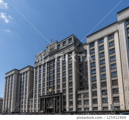 MOSCOW - JUNE 15, 2024: Facade of the State Duma, Parliament building of Russian Federation, landmark in central Moscow 125412409