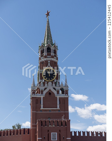 MOSCOW - AUGUST 27 Spasskaya Tower of Moscow Kremlin at Red Square in Moscow Russia 125412445