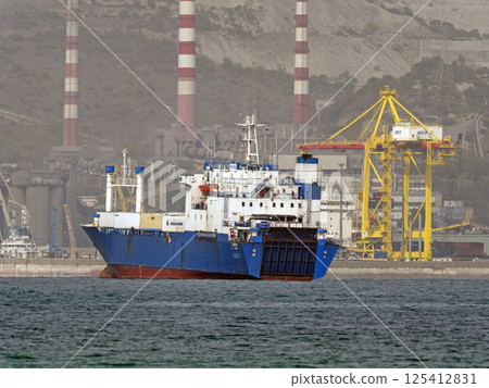 Novorossiysk, Russia 08.18.2024 large sea vessel sailing cargo transportation Black Sea, port, Krasnodar Territory, Novorossiysk 125412831