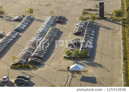 Large parking lot of local dealer with many brand new cars parked for sale. Development of american automotive industry and distribution of manufactured vehicles concept 125413036
