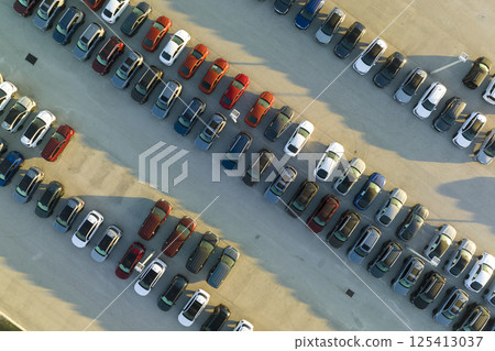 Large parking lot of local dealer with many brand new cars parked for sale. Development of american automotive industry and distribution of manufactured vehicles concept Large parking lot of local dealer with many brand new cars parked for sale. Development of american automotive industry and distribution of manufactured vehicles concept 125413037