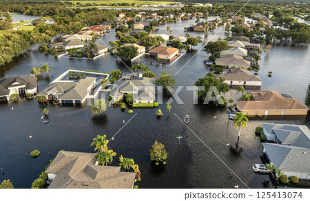 Hurricane Debby tropical rainstorm flooded residential homes in suburban community in Sarasota, Florida. Aftermath of natural disaster 125413074