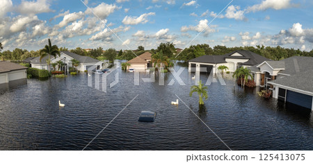 Hurricane Debby tropical rainstorm flooded residential homes and cars in suburban community in Sarasota, Florida. Aftermath of natural disaster 125413075