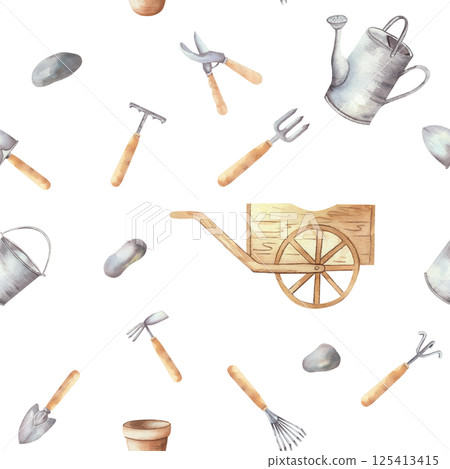 Seamless pattern with garden tools, wheelbarrow, rake, shovel, watering can, pot for seedlings. Watercolor illustration on a white background. For printing, wrapping paper, shops, ecology Seamless pattern with garden tools, wheelbarrow, rake, shovel, watering can, pot for seedlings. Watercolor illustration on a white background. For printing, wrapping paper, shops, ecology 125413415