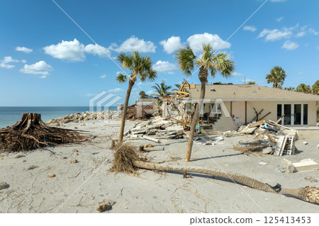 Destroyed house on ocean shore. Hurricane Milton consequences on Manasota Key, Florida. Storm surge severe damage Destroyed house on ocean shore. Hurricane Milton consequences on Manasota Key, Florida. Storm surge severe damage 125413453