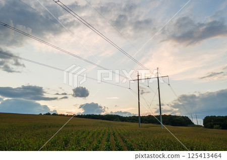 Dark silhouette of high voltage tower with electric power lines at sunrise. 125413464