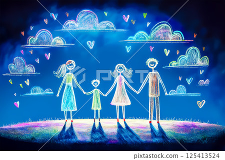A family holding hands in a night sky with rainbow clouds and hearts - crayon illustration 125413524