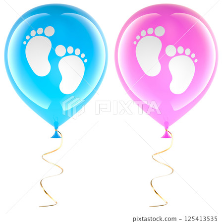 Blue and pink party balloons with footprints. Gender reveal party or baby shower. 3D rendering Blue and pink party balloons with footprints. Gender reveal party or baby shower. 3D rendering 125413535