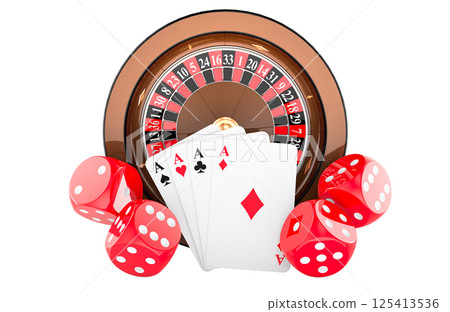 Casino roulette with cards and red dice. Casino, gambling and entertainment concept. 3D rendering 125413536
