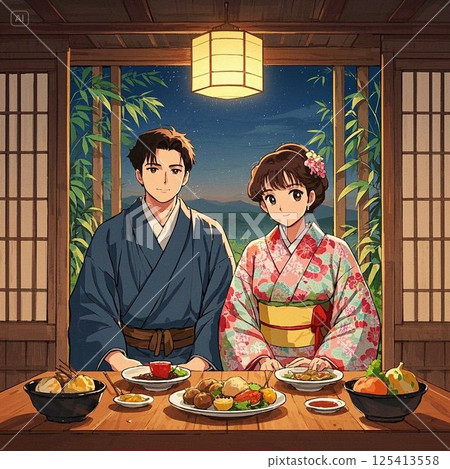 在山裡旅館吃晚餐。 在山裡旅館吃晚餐。 125413558