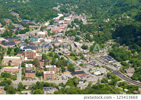 Boone, North Carolina. Historical American town in Appalachian Blue Ridge Mountains. Old townscape architecture in Watauga County, USA. Streets and historic buildings from above Boone, North Carolina. Historical American town in Appalachian Blue Ridge Mountains. Old townscape architecture in Watauga County, USA. Streets and historic buildings from above 125413668