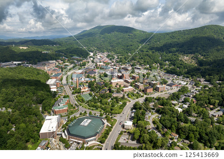 Boone, North Carolina. American architecture with streets and historical buildings in Blue Ridge Mountains. Popular tourist destination 125413669